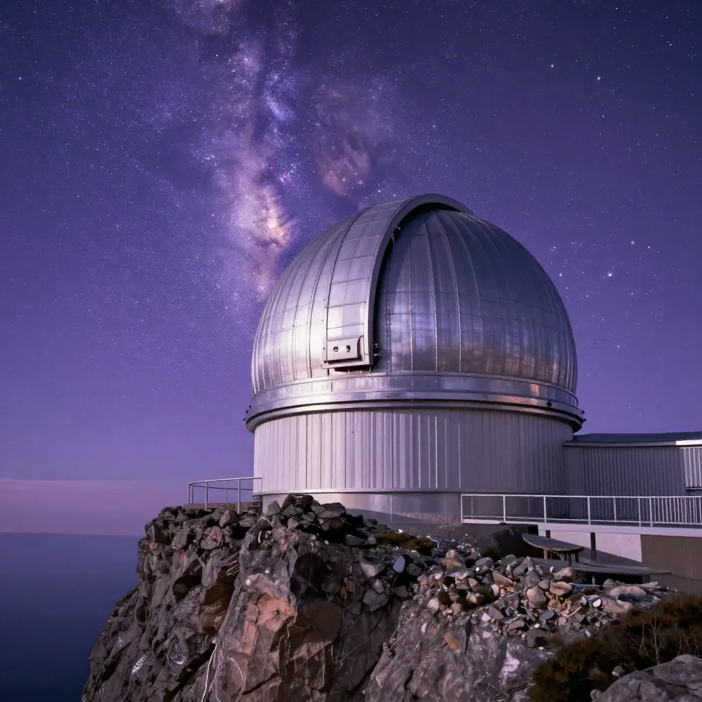 a cliffside observatory beneath a star-filled sky, cinematic architectural photography, atmospheric depth, lavender and 