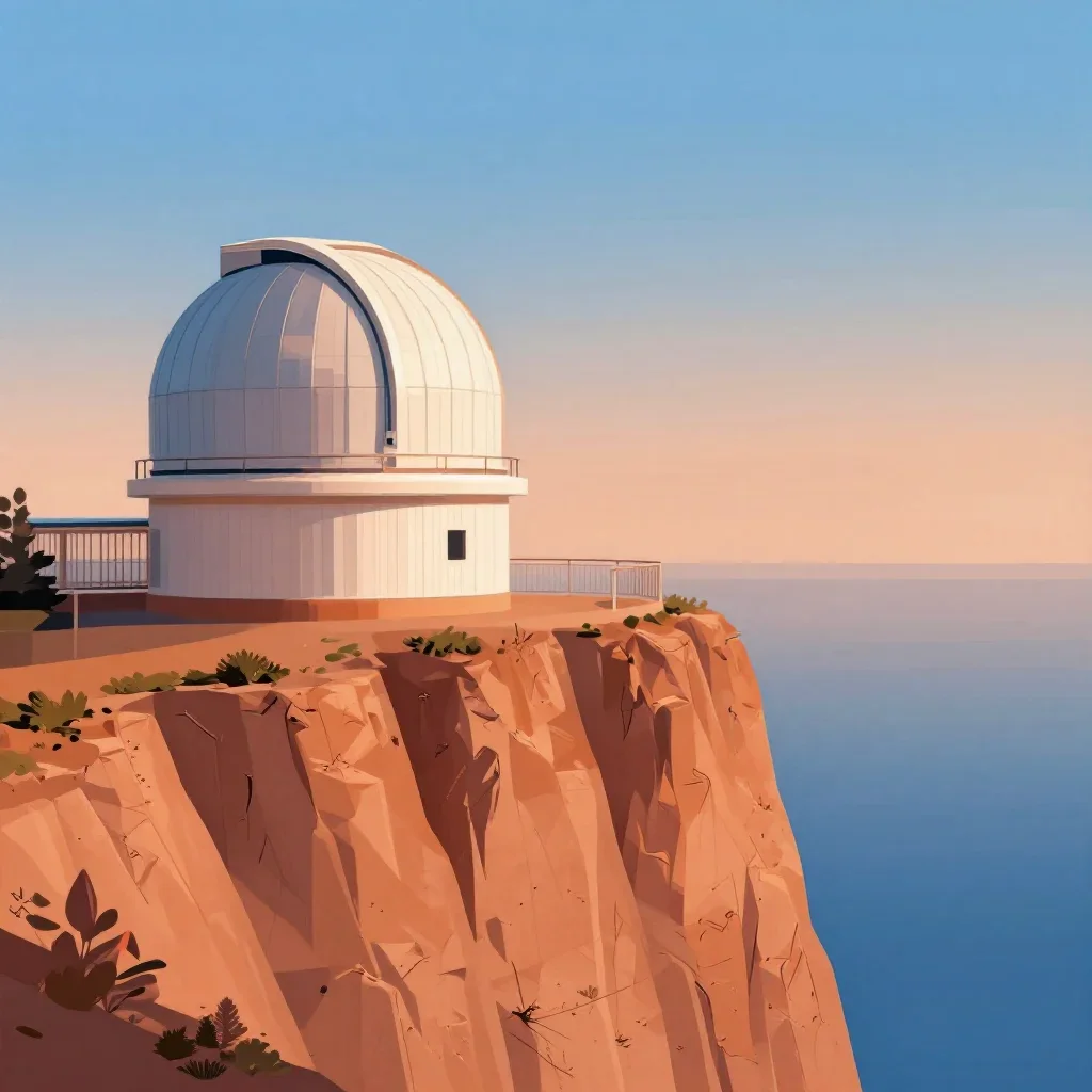 a cliffside observatory in quiet late-afternoon haze, modernist poster illustration, crisp material detail, ochre and ul