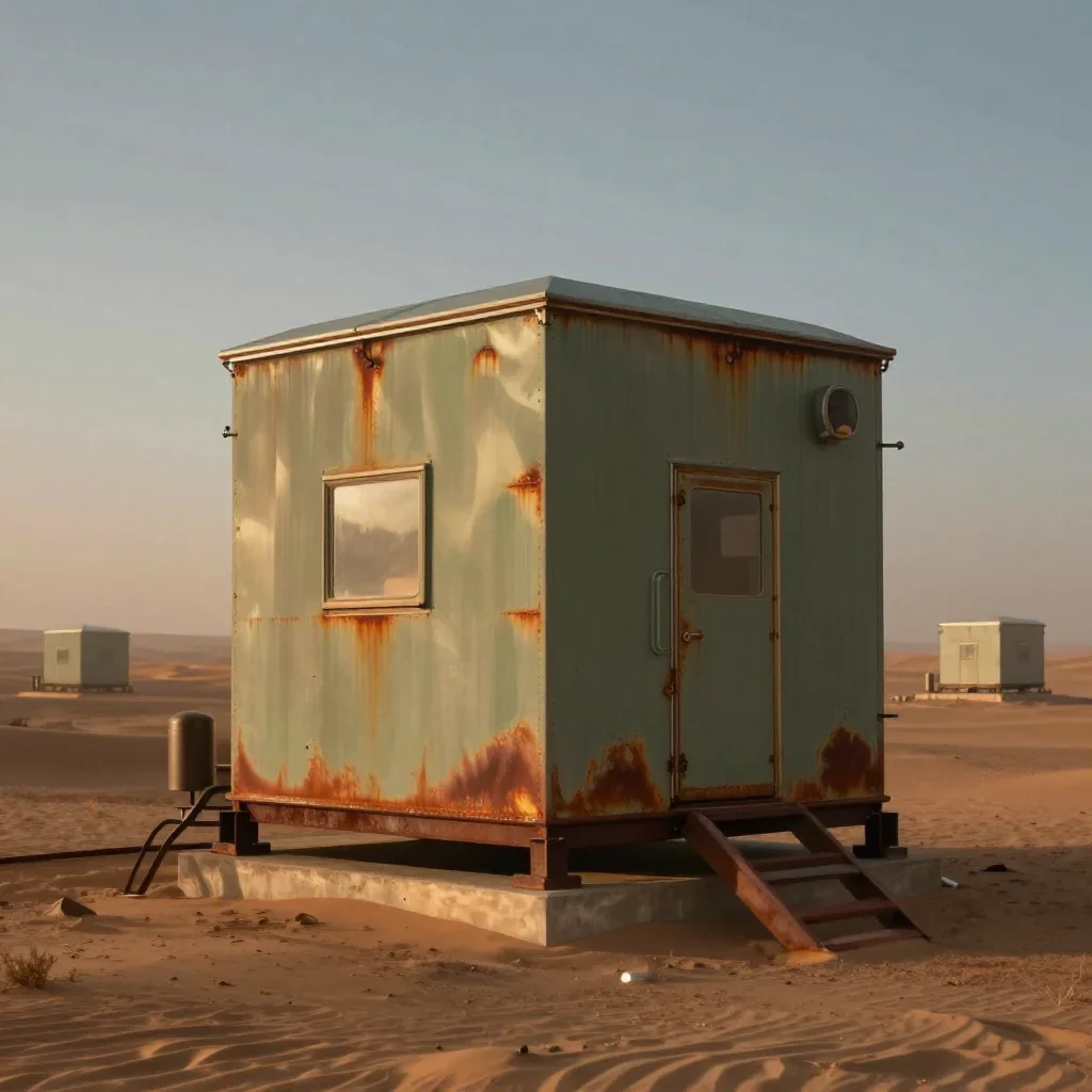 a desert research station in quiet late-afternoon haze, refined editorial travel photography, atmospheric depth, rust an