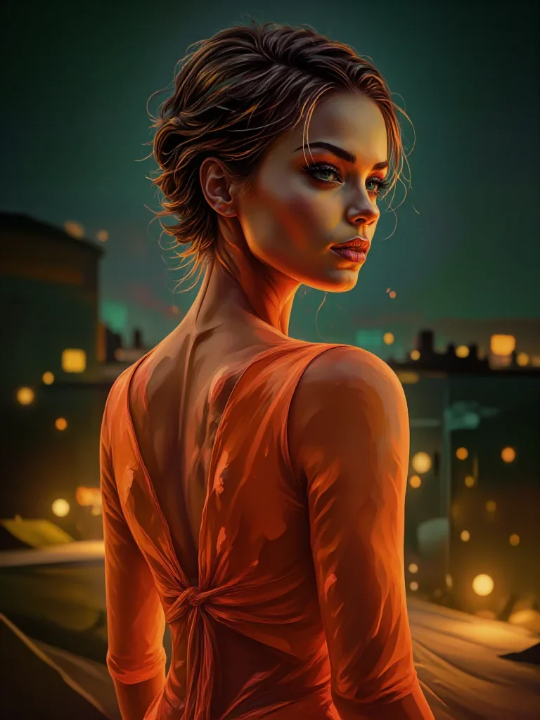 a chiseled athlete in dramatic rim light, oiled skin in an alluring over-the-shoulder glance, on a neon-lit rooftop at m