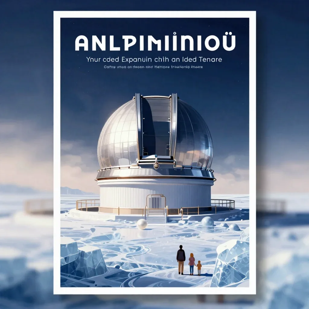 an ice-covered exoplanet observatory in quiet late-afternoon haze, modernist poster illustration, layered foreground fra