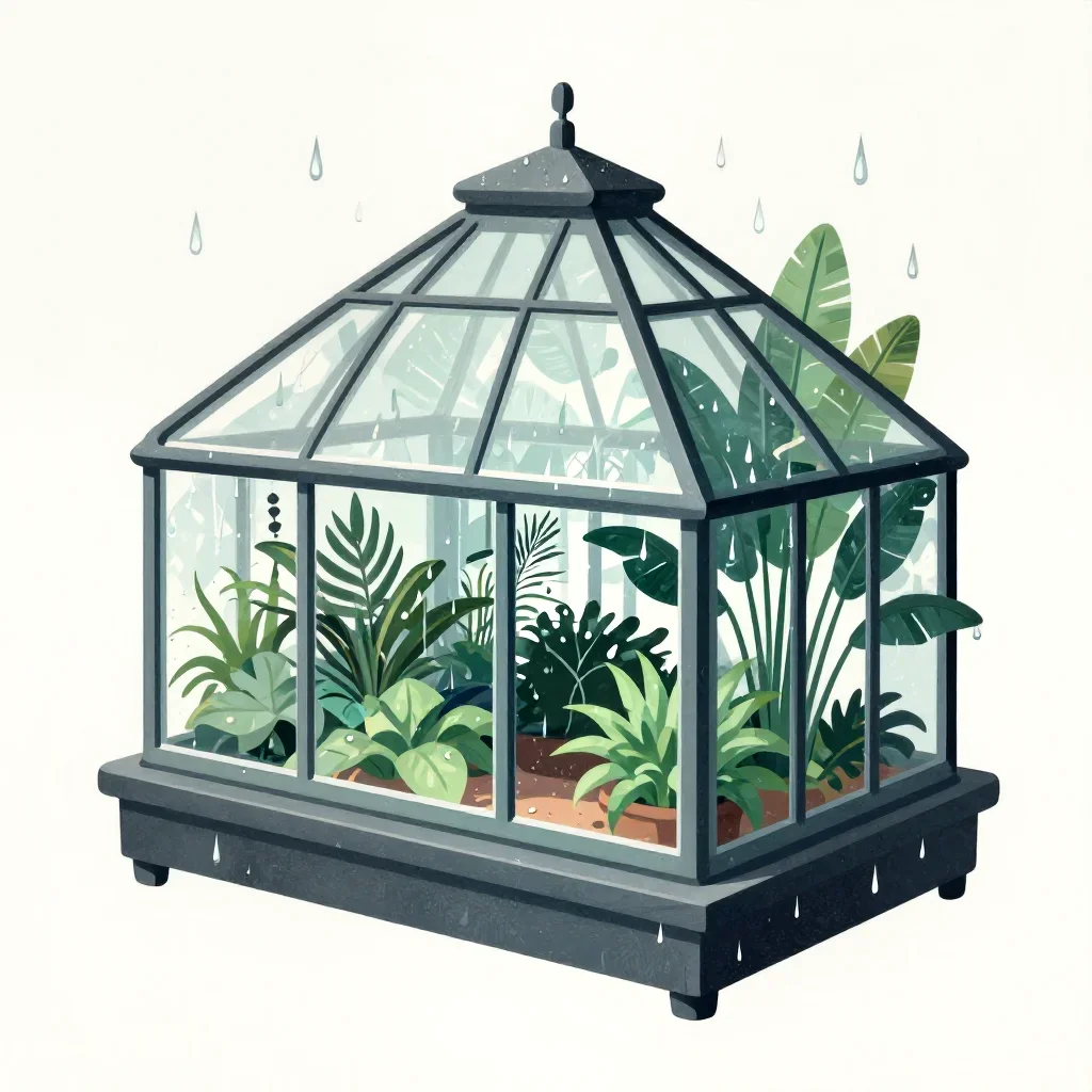 a floating botanical conservatory after warm summer rain, contemporary botanical illustration, restrained color harmony,