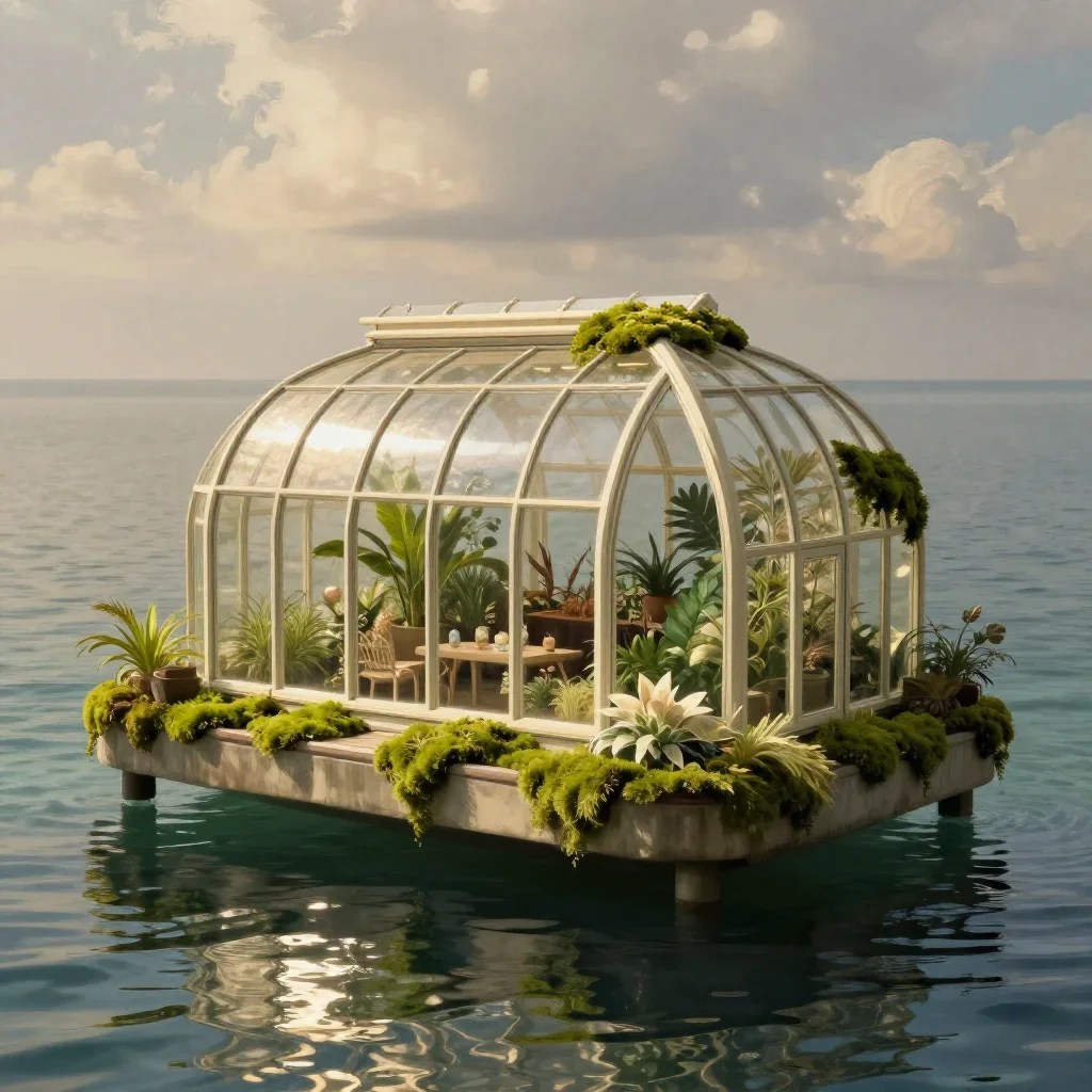 a floating botanical conservatory in a gentle sea breeze, museum-quality still-life photography, gentle reflected light,