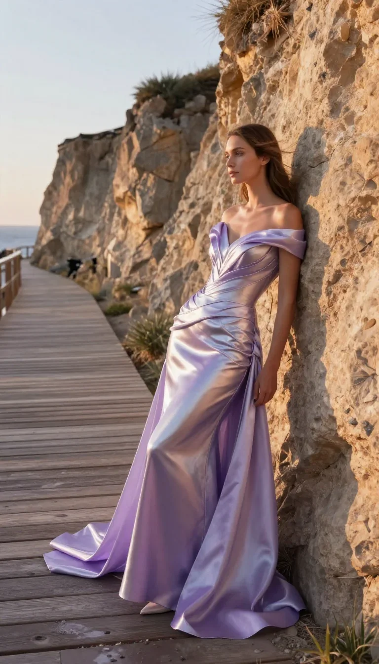 a travel influencer posing on a cliffside at golden hour in a wind-swept lean against a wall, on a storm-washed boardwal