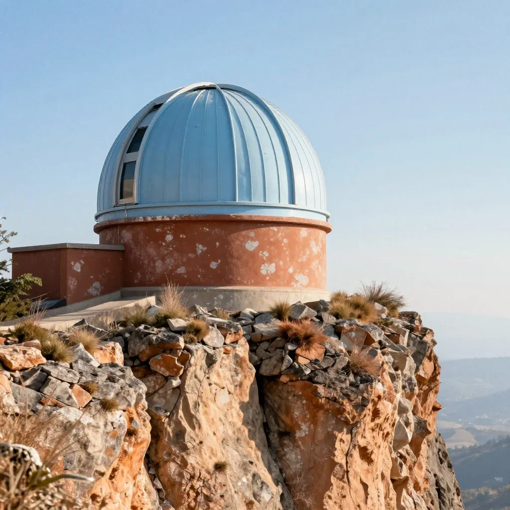 a cliffside observatory in crisp winter sunlight, high-end design magazine photography, weathered tactile surfaces, terr