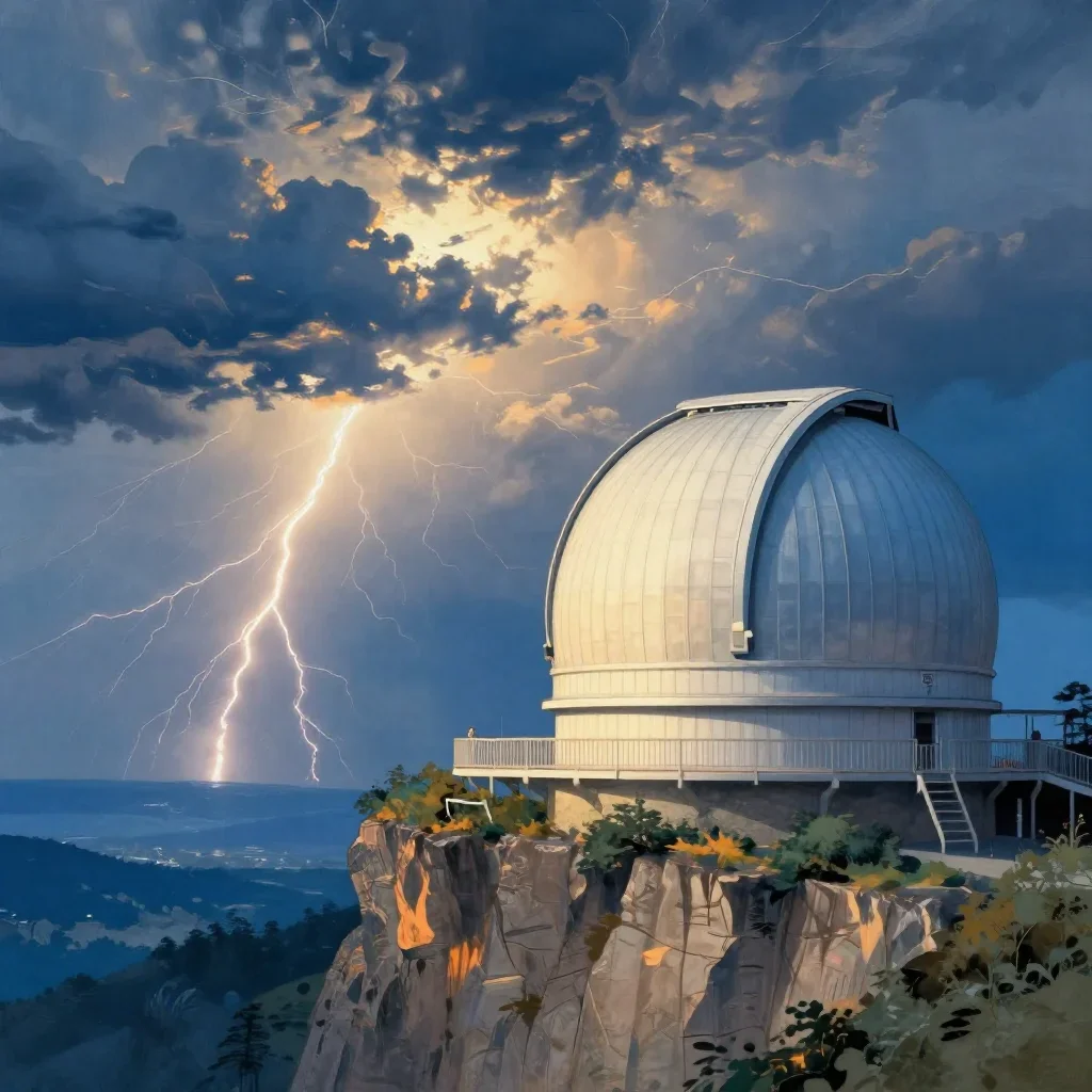 a cliffside observatory after a distant thunderstorm, Japanese woodblock-inspired editorial art, soft volumetric light, 