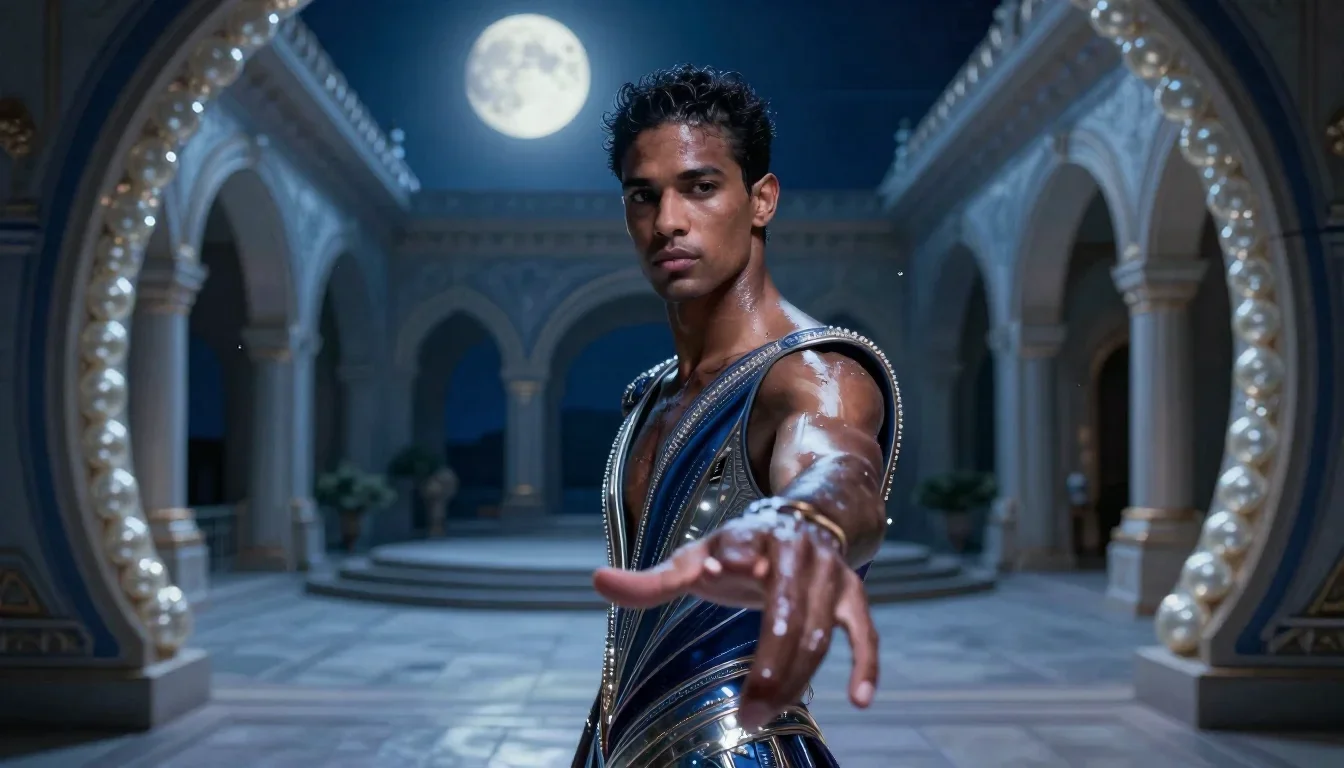 a chiseled athlete in dramatic rim light, oiled skin in a gentle reach toward the lens, in a moonlit palace courtyard, f