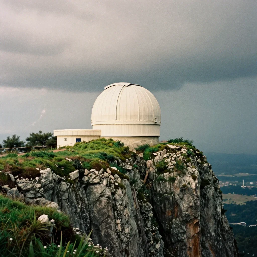 a cliffside observatory after a distant thunderstorm, soft-grain analog film photography, gentle reflected light, moss g