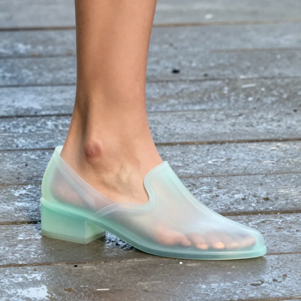 a siren at the waterline in a translucent slip in a dramatic three-quarter profile, on a storm-washed boardwalk, high-fa