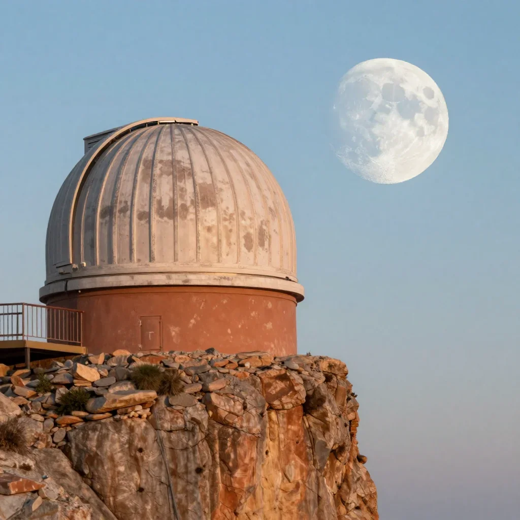 a cliffside observatory at moonrise, museum-quality still-life photography, weathered tactile surfaces, terracotta and p