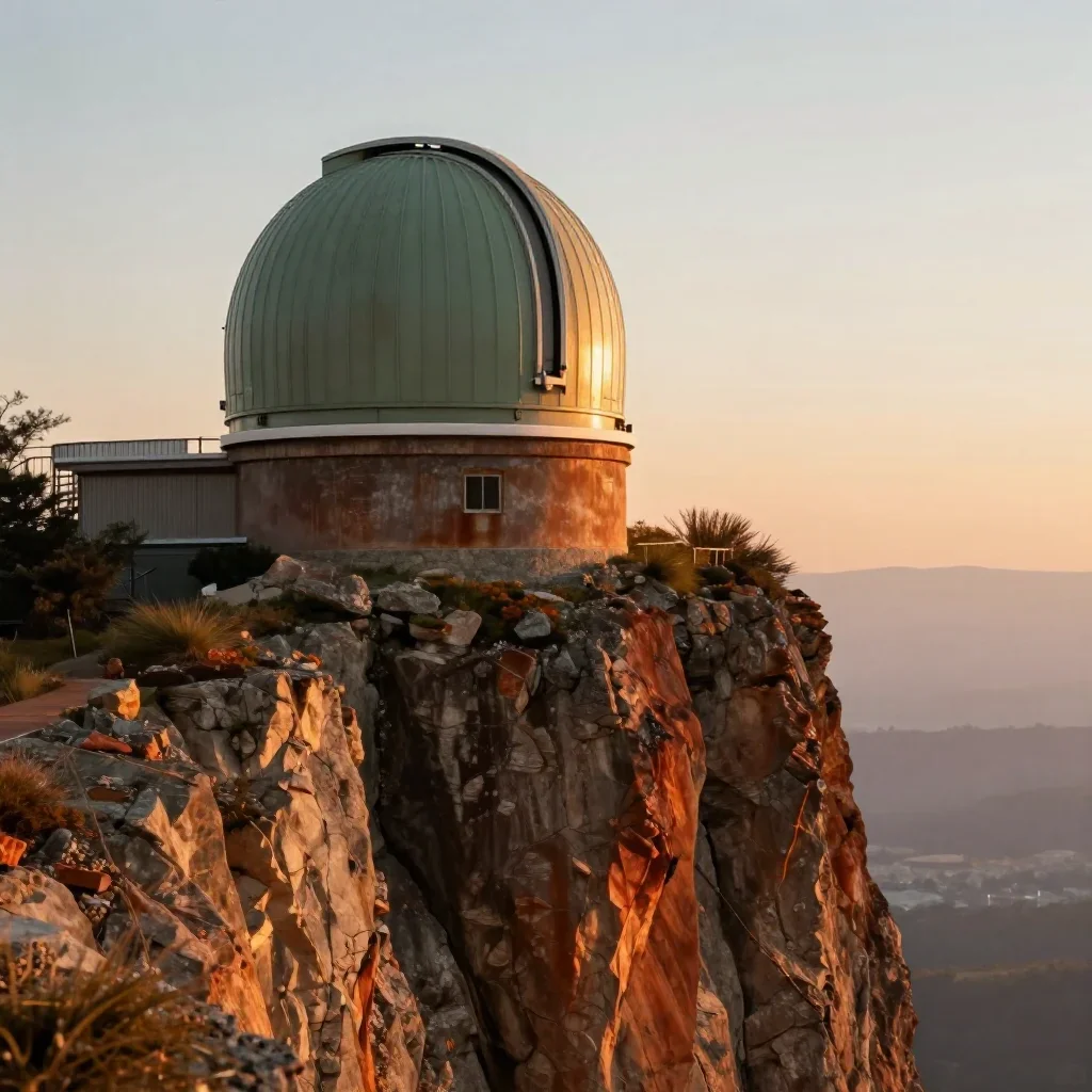 a cliffside observatory during golden hour, refined editorial travel photography, gentle reflected light, rust and sage 