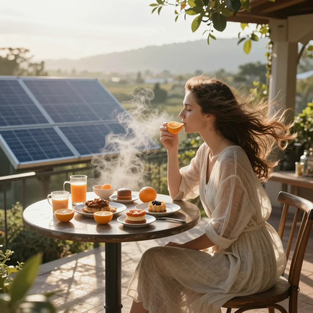 Solarpunk terrace breakfast, sheer linen dress in wind, citrus steam, volumetric morning light
