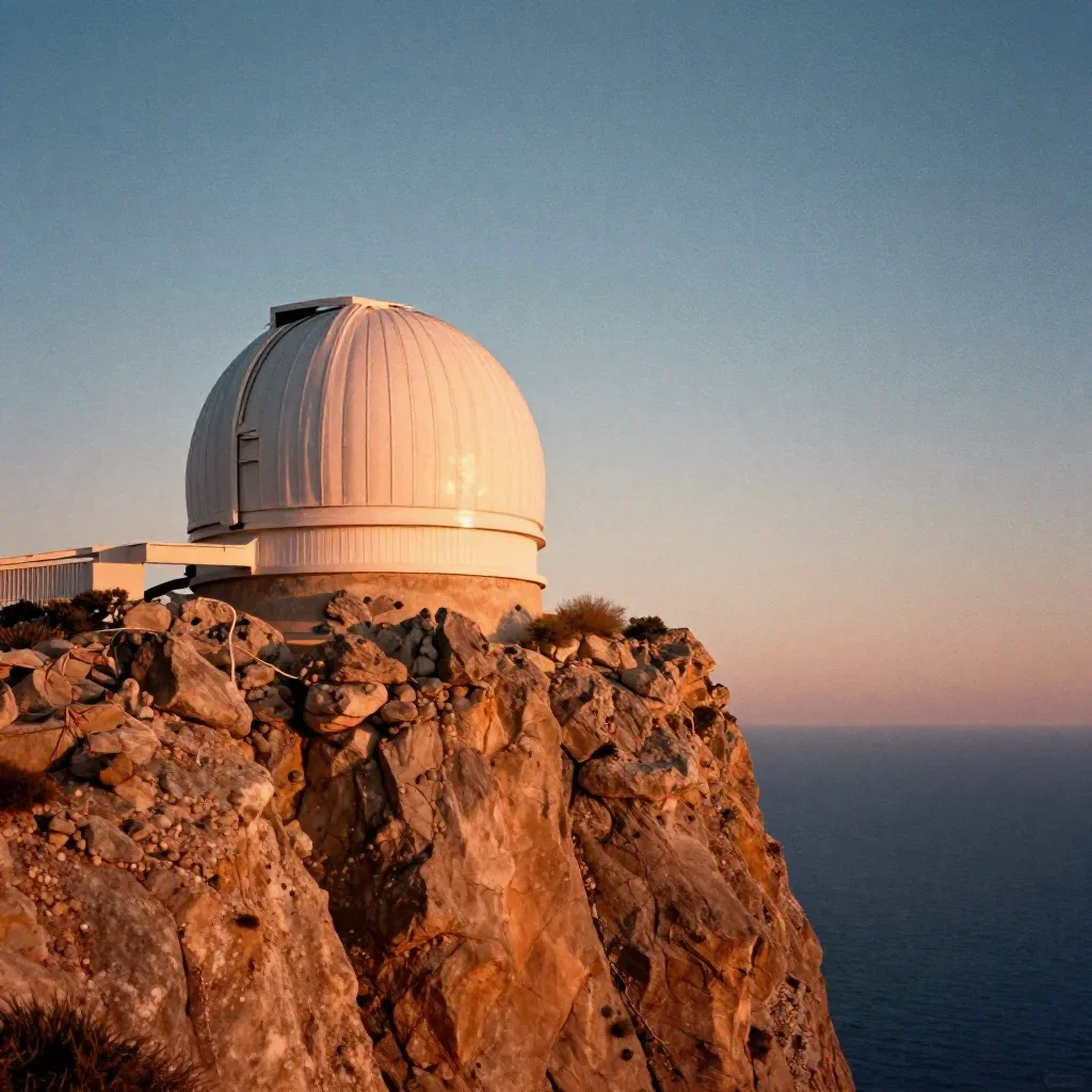 a cliffside observatory during golden hour, soft-grain analog film photography, subtle film grain, ochre and ultramarine