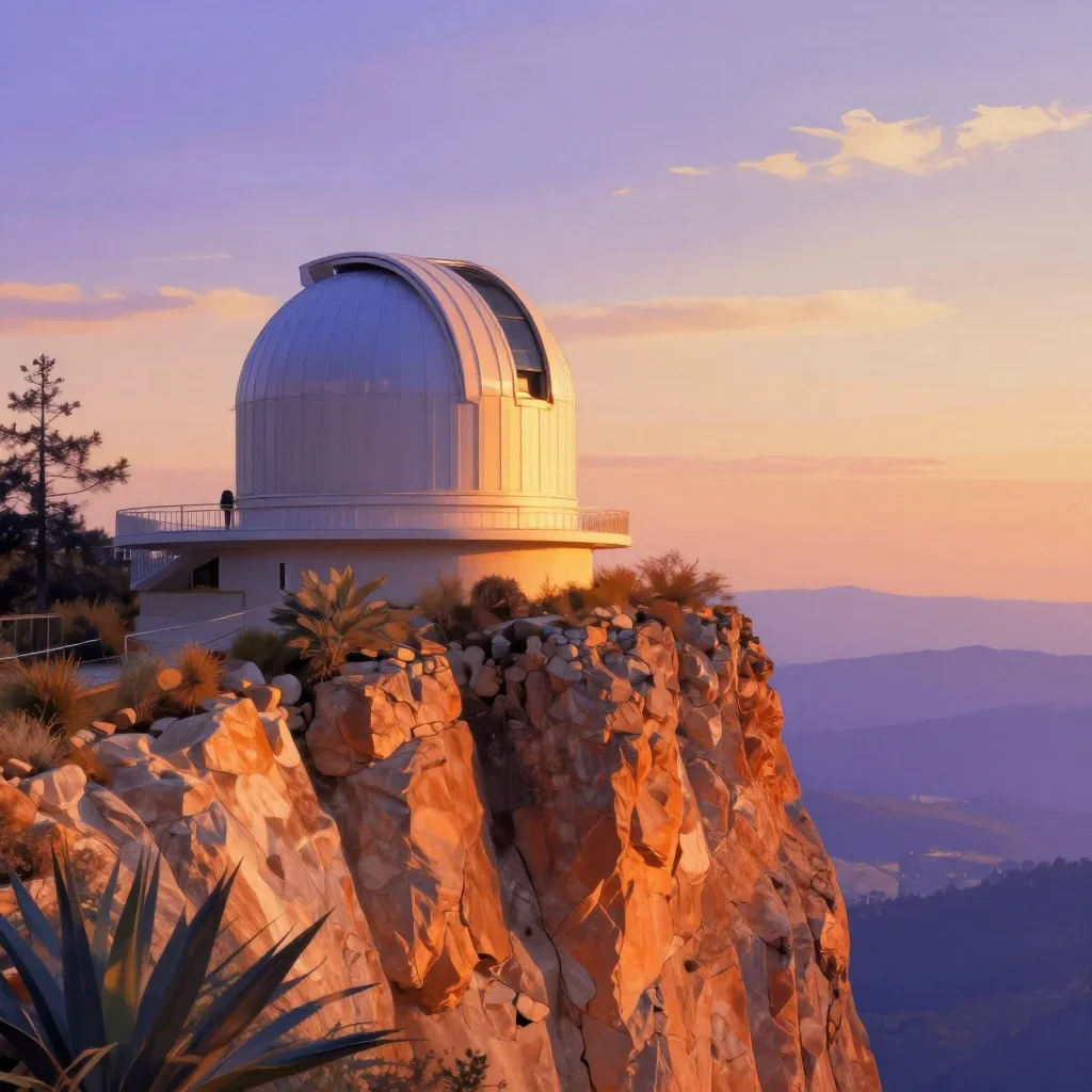 a cliffside observatory during golden hour, contemporary botanical illustration, soft volumetric light, ochre and ultram