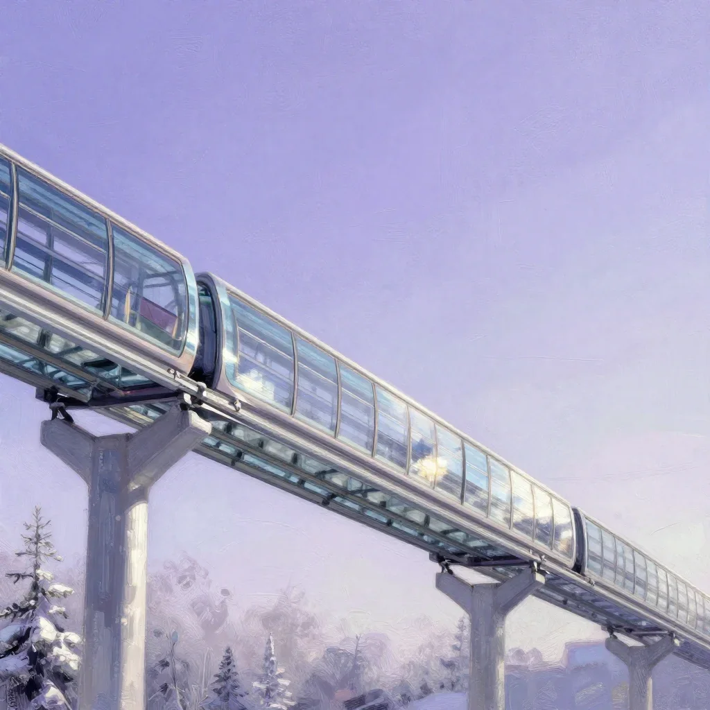 a glass monorail in crisp winter sunlight, modernist poster illustration, weathered tactile surfaces, lavender and silver palette, no people, no text, no logo, no watermark