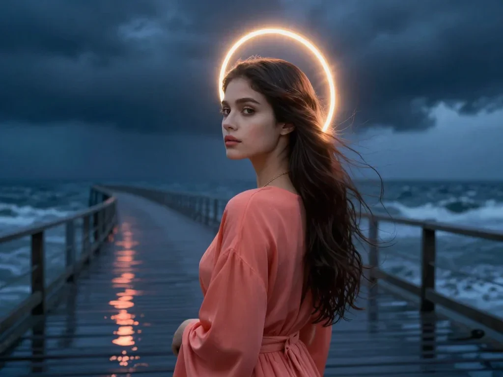 a celestial priestess with haloed candlelight in an alluring over-the-shoulder glance, on a storm-washed boardwalk, Vogu