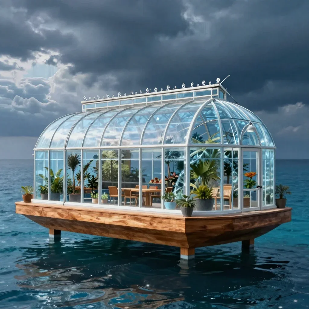 a floating botanical conservatory in a gentle sea breeze, cinematic architectural photography, atmospheric depth, ice bl
