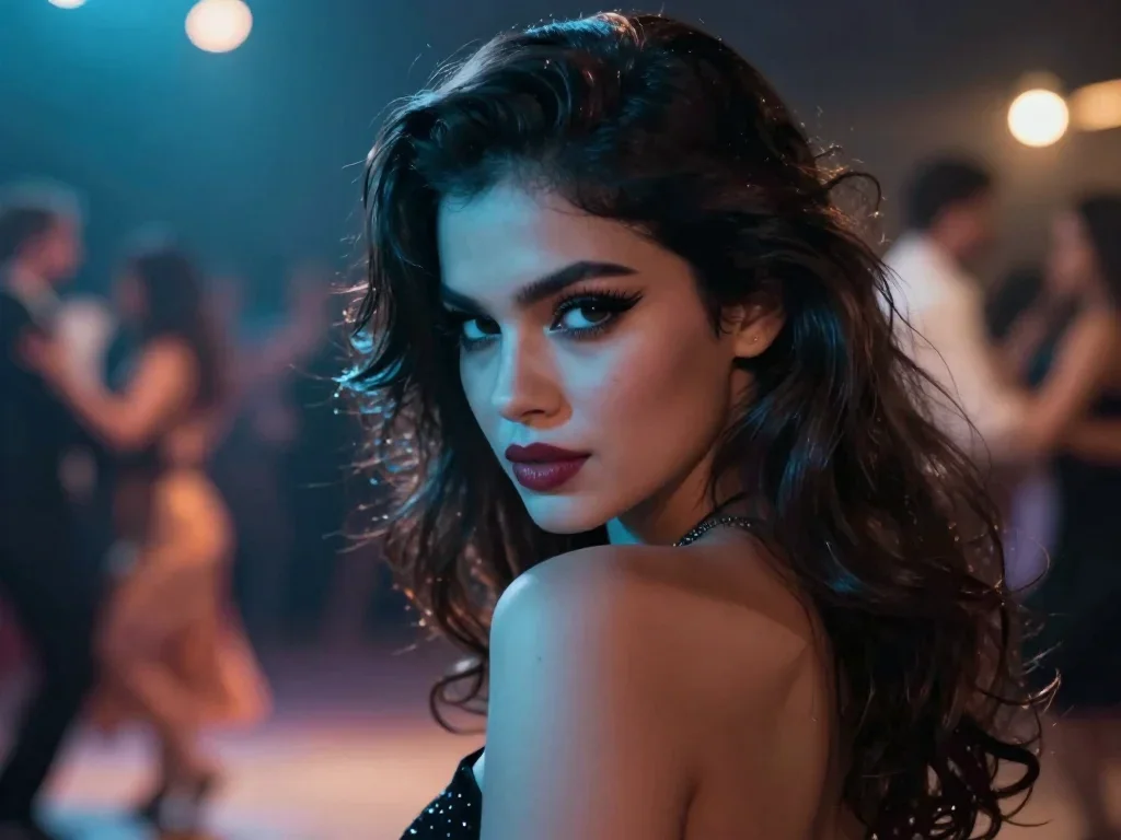 a striking woman with a smoldering over-the-shoulder gaze in a coy glance from under lowered lashes, on a midnight dance