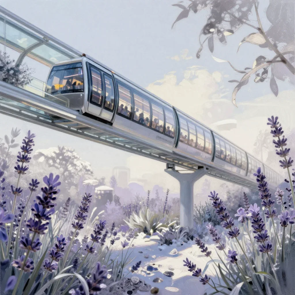 a glass monorail in crisp winter sunlight, contemporary botanical illustration, soft volumetric light, lavender and silv