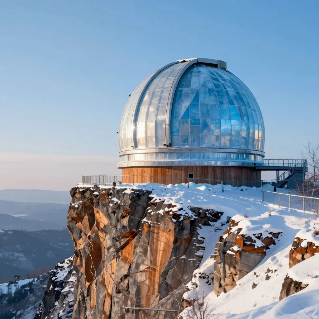 a cliffside observatory in crisp winter sunlight, quiet science-fiction concept art, careful geometric composition, ice 