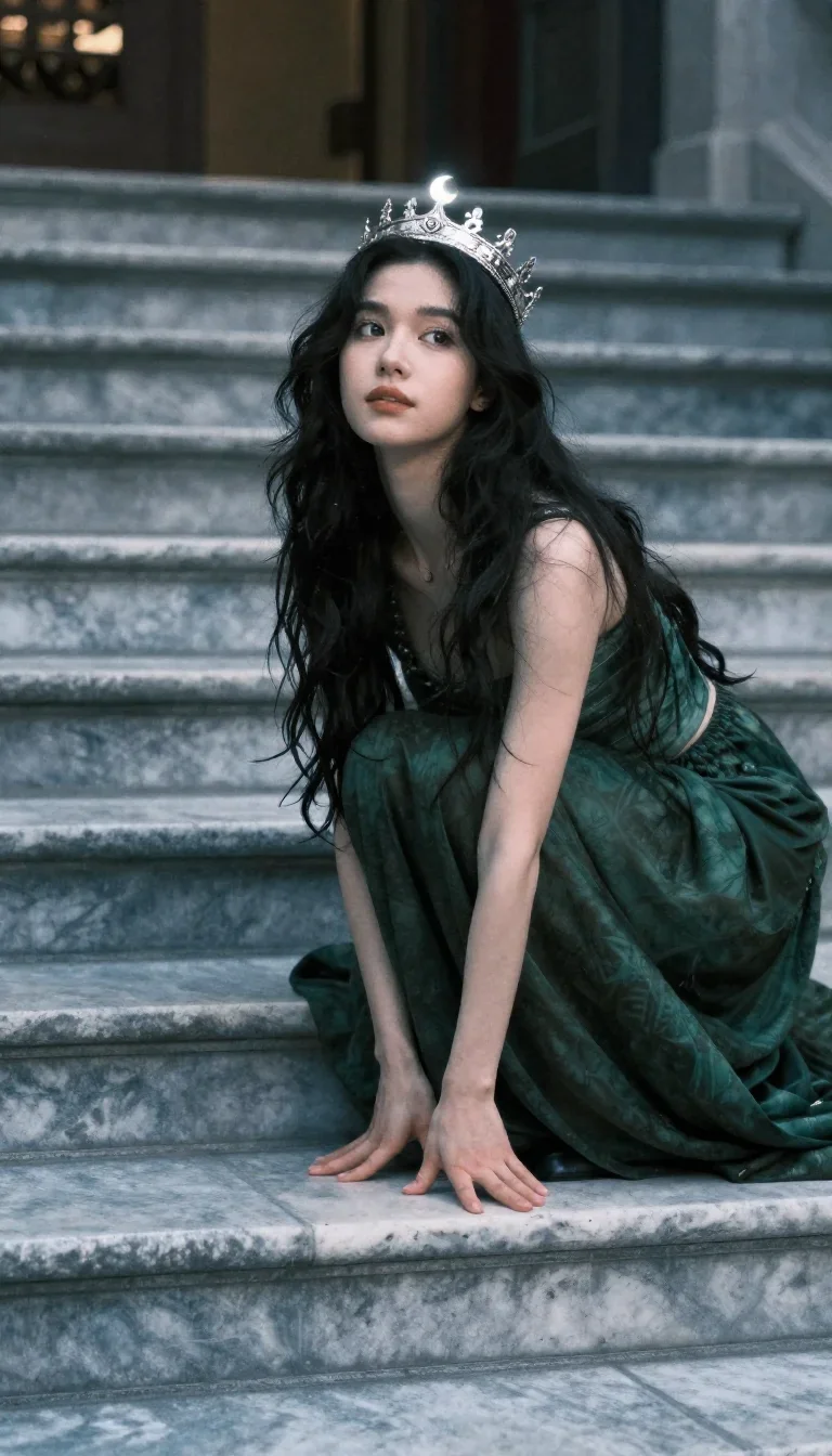 an elven queen in a moonlit silver crown in a low lunge with a lifted chin, on a marble staircase at dawn, moody Fujifil