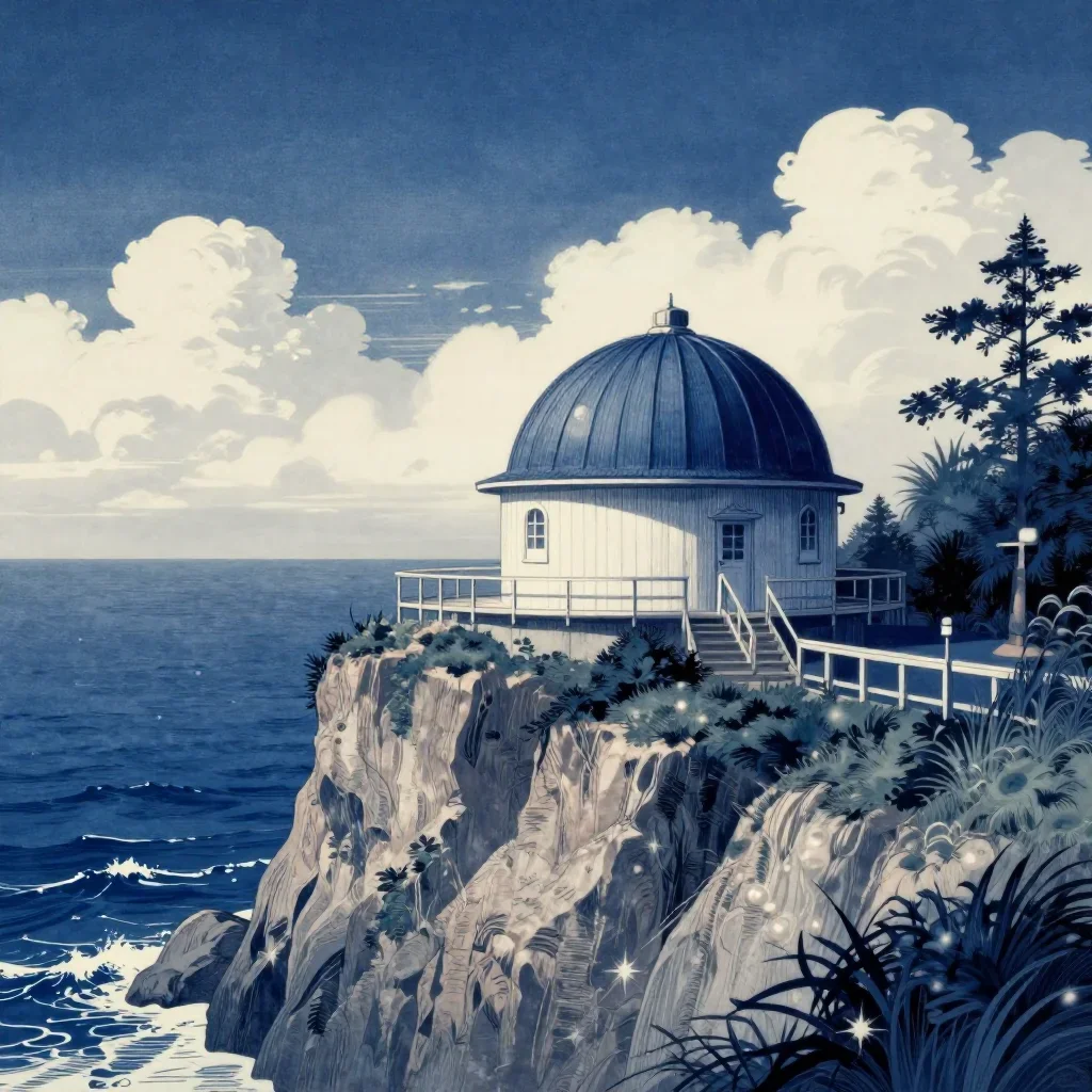 a cliffside observatory in a gentle sea breeze, Japanese woodblock-inspired editorial art, restrained color harmony, ind