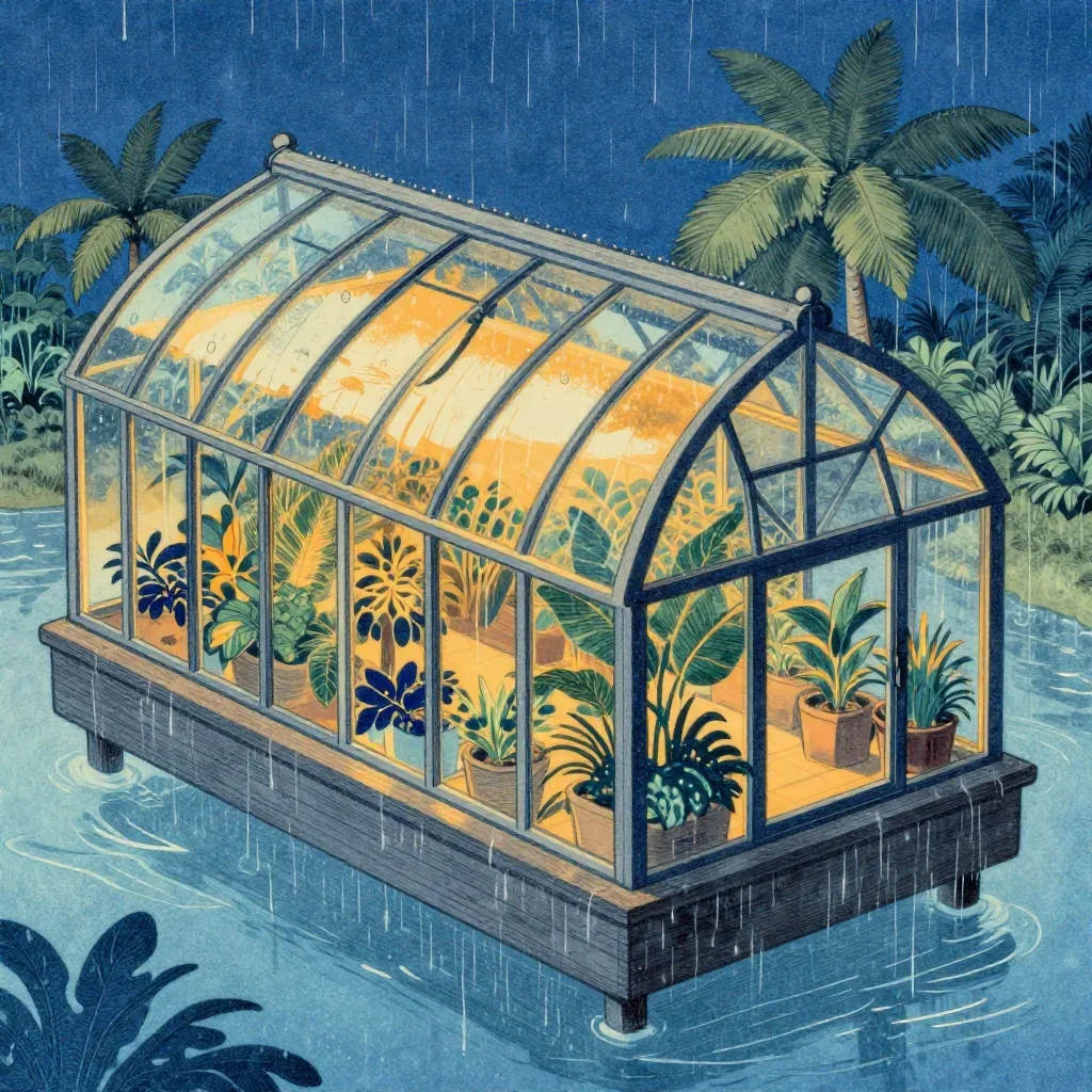 a floating botanical conservatory after warm summer rain, Japanese woodblock-inspired editorial art, subtle film grain, 