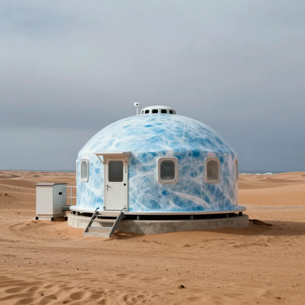 a desert research station under overcast coastal light, museum-quality still-life photography, soft volumetric light, ic