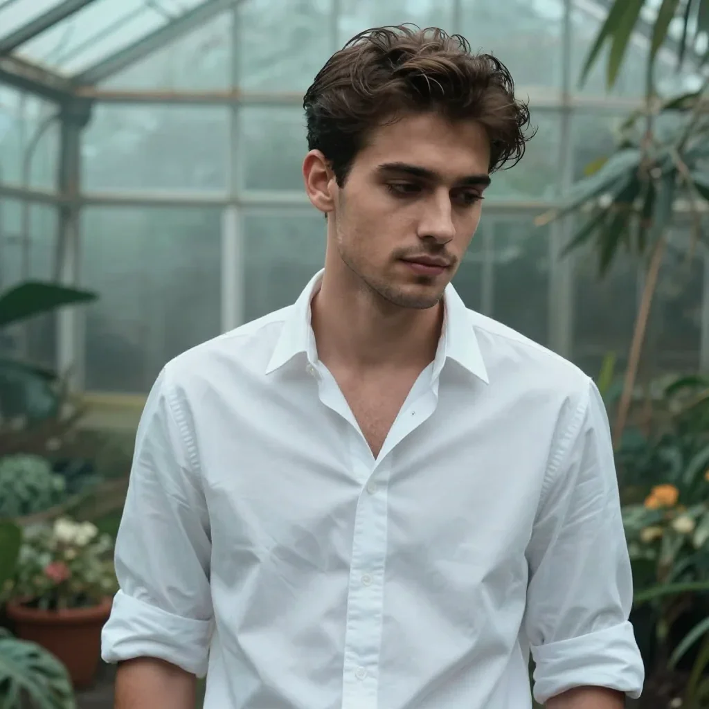 a handsome man in a rolled-sleeve white shirt in a coy glance from under lowered lashes, in a greenhouse humid with mist