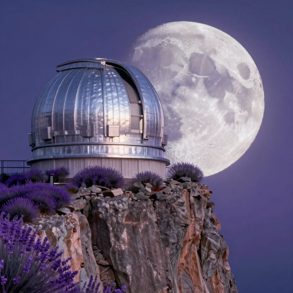 a cliffside observatory at moonrise, dreamlike fine-art landscape photography, crisp material detail, lavender and silve