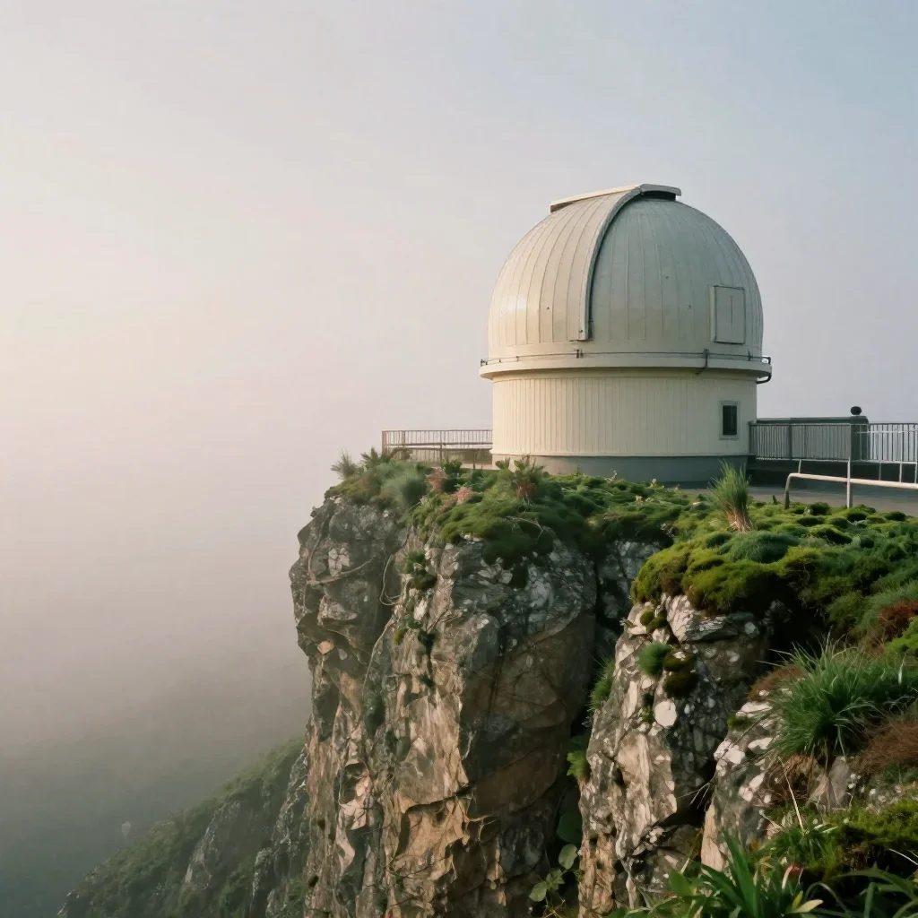 a cliffside observatory under soft dawn fog, high-end design magazine photography, subtle film grain, moss green and cre