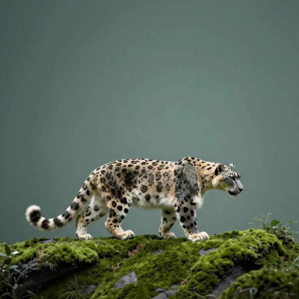 a snow leopard crossing a ridge in cool museum light, quiet science-fiction concept art, calm negative space, moss green
