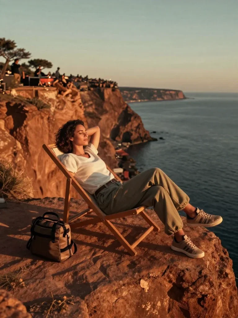 a travel influencer posing on a cliffside at golden hour reclining elegantly on a chaise, on a midnight dance floor, edi