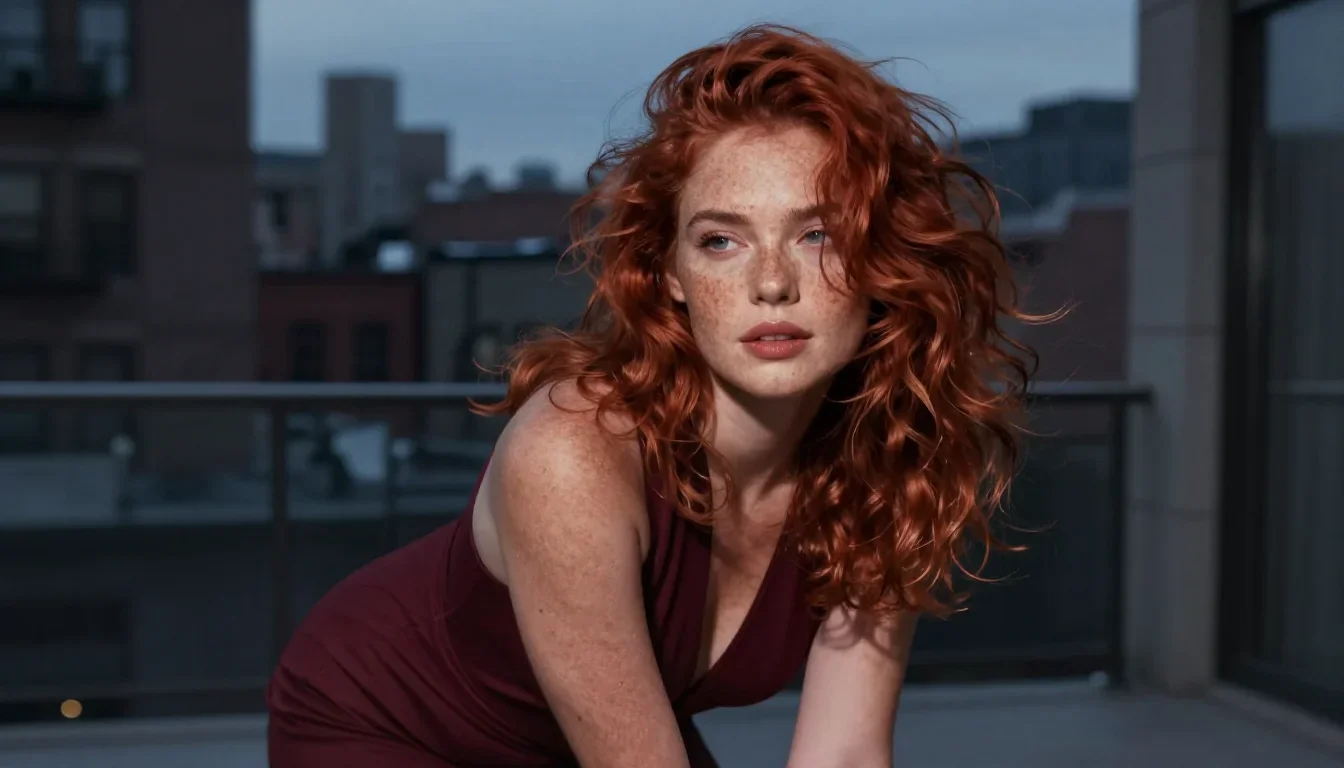 a muse with freckles and wind-tousled copper hair in a low lunge with a lifted chin, in a blue-hour city apartment, neo-