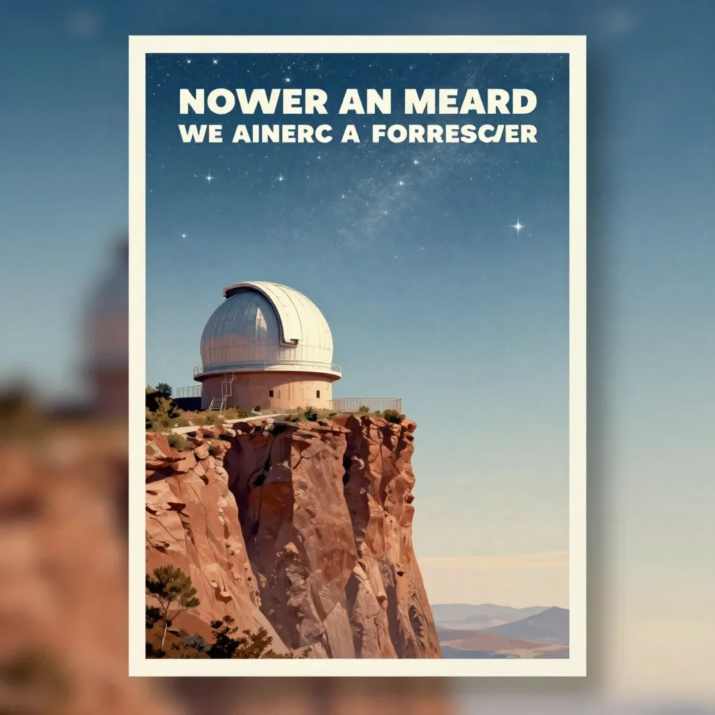 a cliffside observatory beneath a star-filled sky, modernist poster illustration, atmospheric depth, terracotta and pale