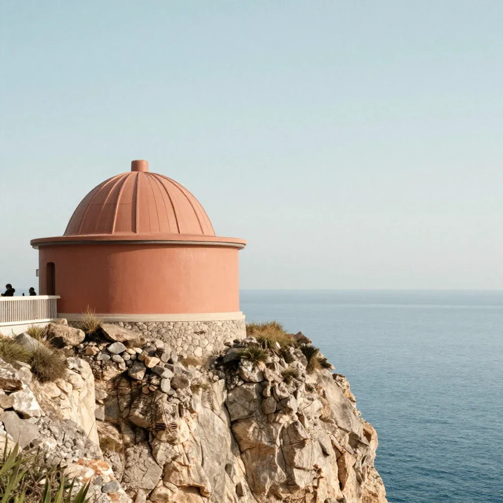 a cliffside observatory in a gentle sea breeze, refined editorial travel photography, subtle film grain, terracotta and