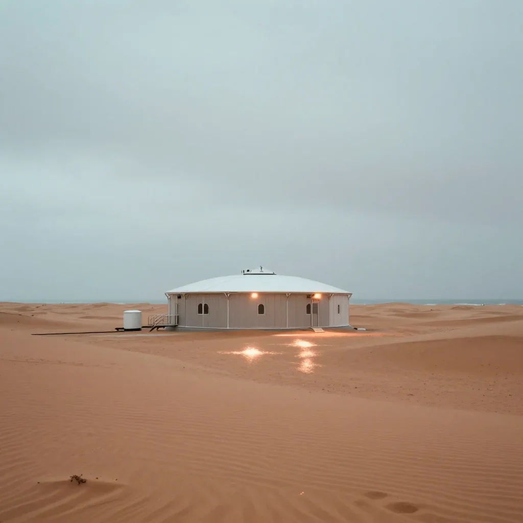 a desert research station under overcast coastal light, dreamlike fine-art landscape photography, gentle reflected light