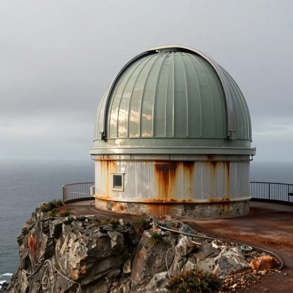 a cliffside observatory under overcast coastal light, museum-quality still-life photography, gentle reflected light, rust and sage palette, no people, no text, no logo, no watermark