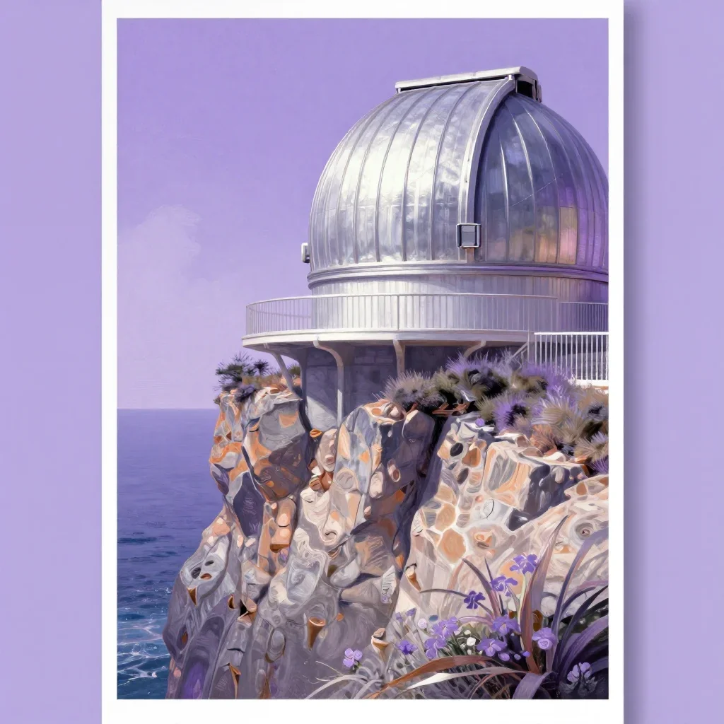 a cliffside observatory in a gentle sea breeze, modernist poster illustration, crisp material detail, lavender and silve