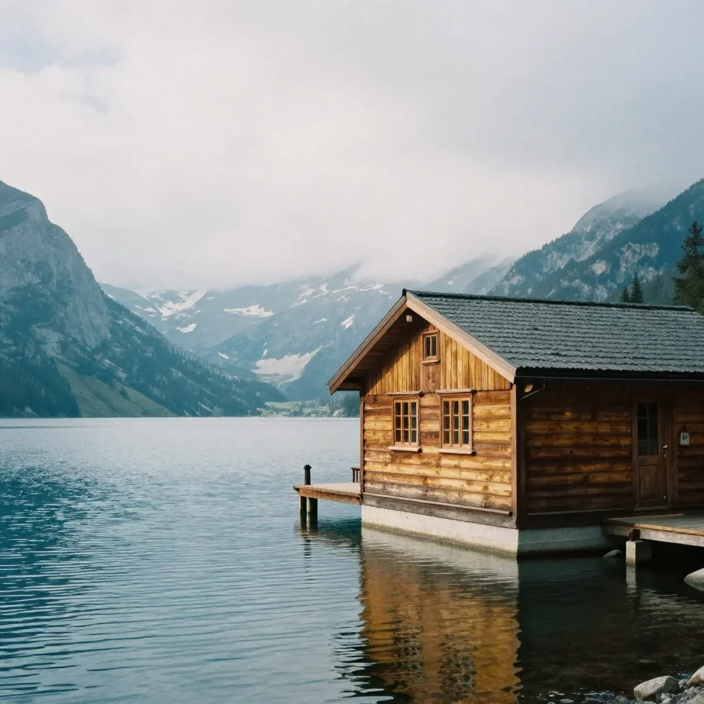 a cedar cabin beside an alpine lake under overcast coastal light, soft-grain analog film photography, gentle reflected l