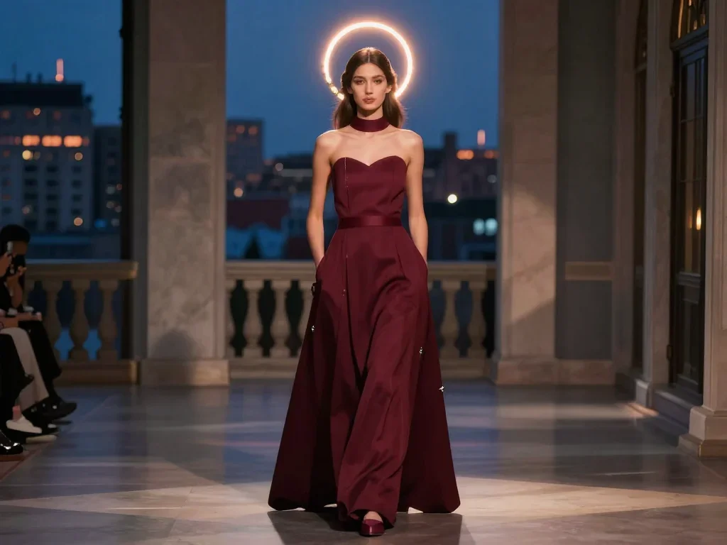 a celestial priestess with haloed candlelight standing tall with hands in pockets, in a blue-hour city apartment, high-f