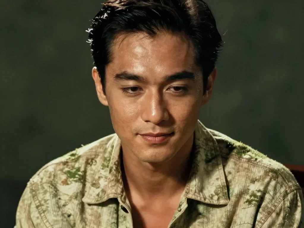 a chiseled athlete in dramatic rim light, oiled skin in a coy glance from under lowered lashes, in a smoke-lit photo stu
