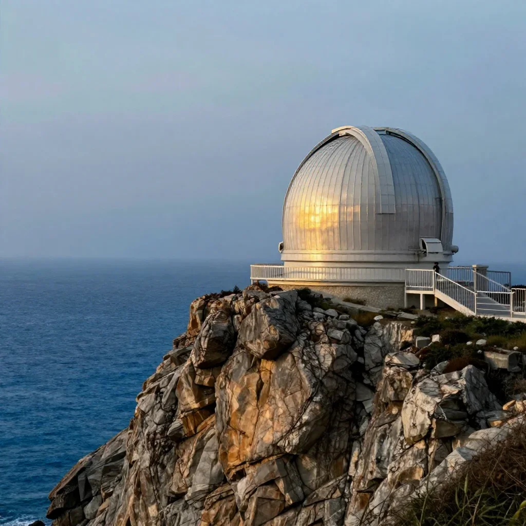 a cliffside observatory under overcast coastal light, museum-quality still-life photography, gentle reflected light, cob