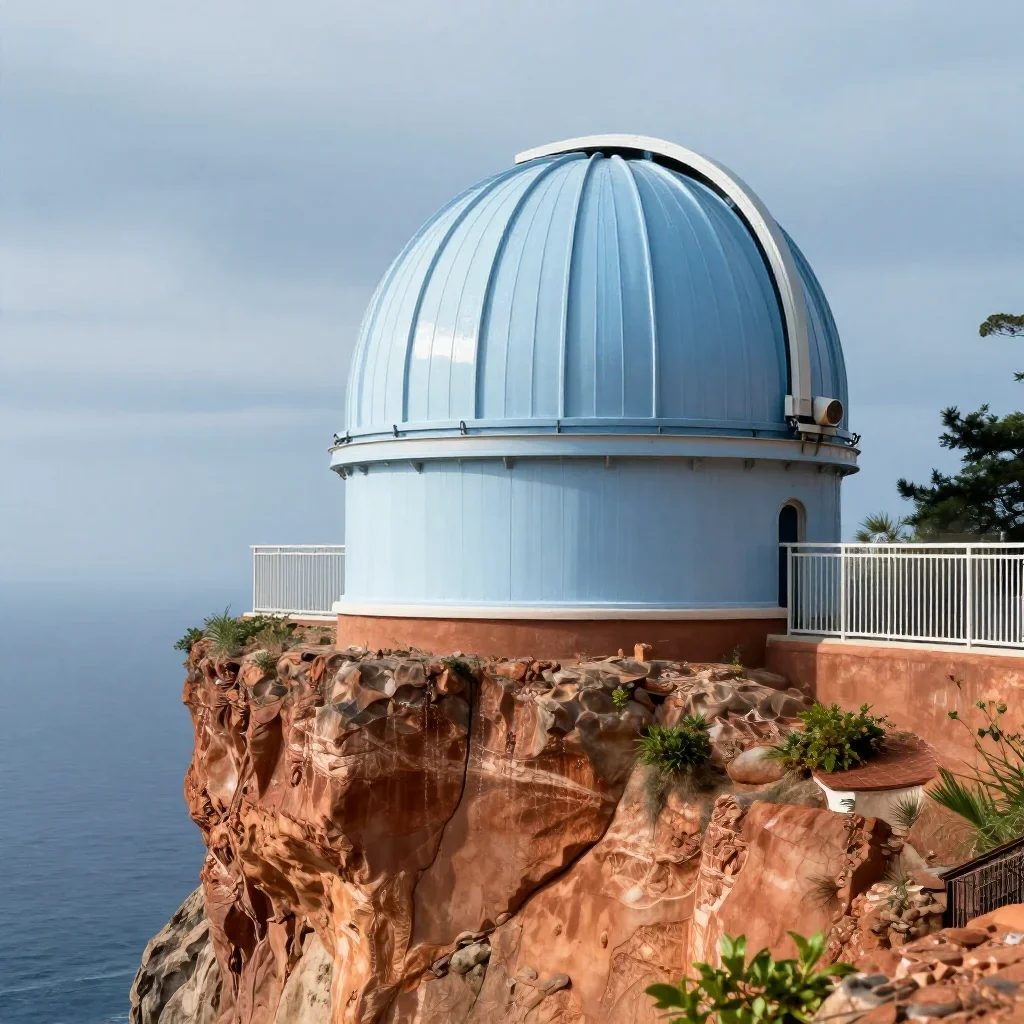 a cliffside observatory after warm summer rain, high-end design magazine photography, crisp material detail, terracotta 