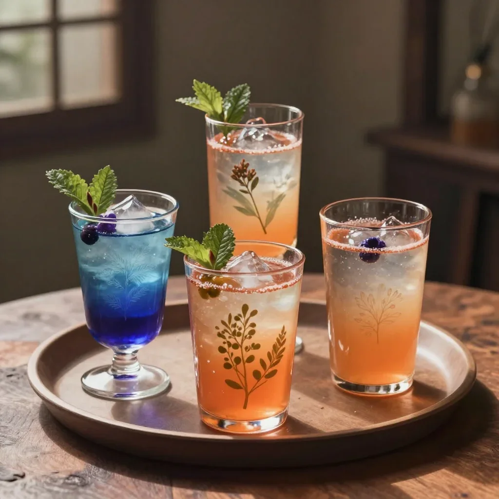 a tray of jewel-toned botanical drinks under diffused skylight, Japanese woodblock-inspired editorial art, atmospheric d