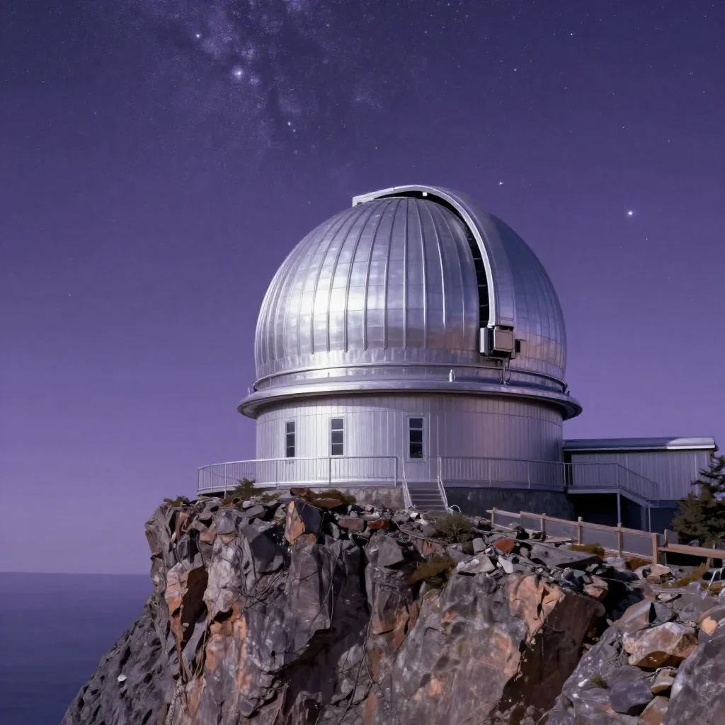 a cliffside observatory beneath a star-filled sky, quiet science-fiction concept art, crisp material detail, lavender an