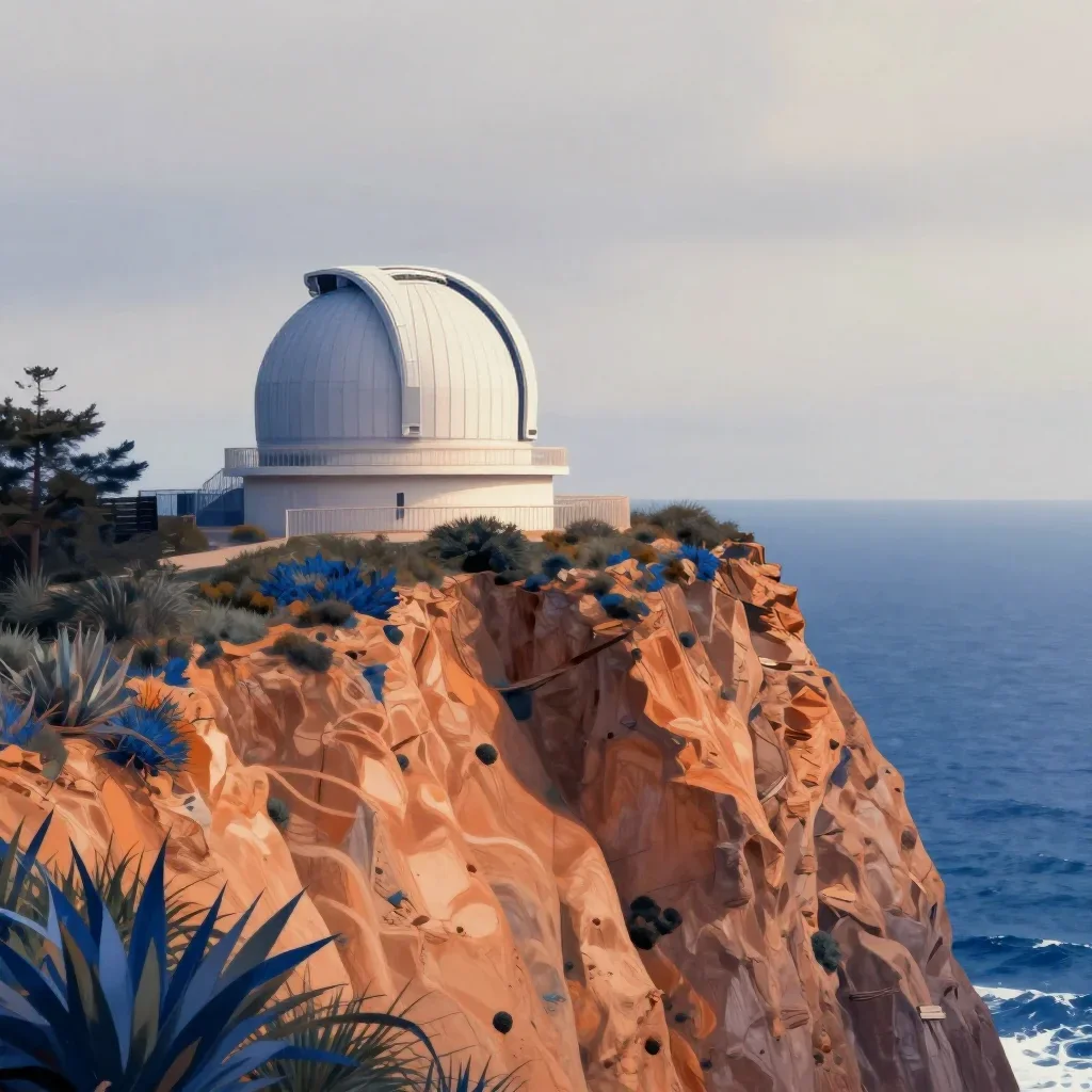a cliffside observatory under overcast coastal light, contemporary botanical illustration, soft volumetric light, ochre 