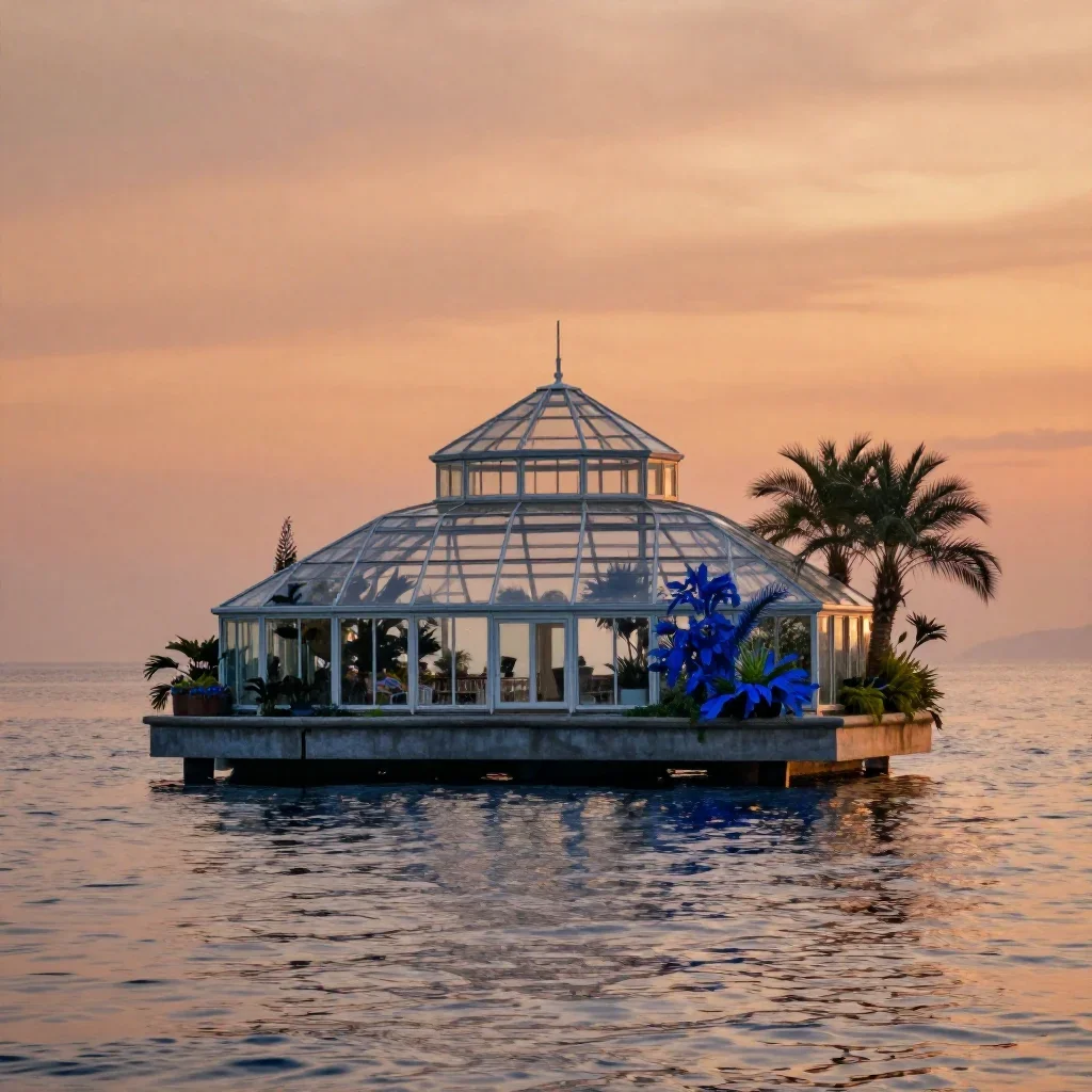 a floating botanical conservatory in a gentle sea breeze, dreamlike fine-art landscape photography, calm negative space,