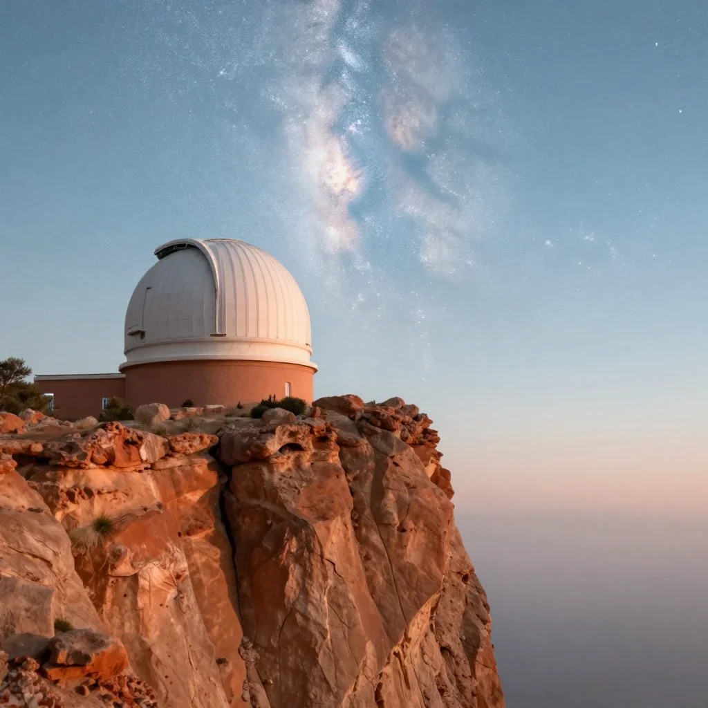 a cliffside observatory beneath a star-filled sky, high-end design magazine photography, calm negative space, terracotta
