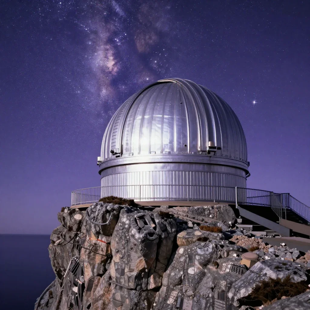 a cliffside observatory beneath a star-filled sky, refined editorial travel photography, crisp material detail, lavender